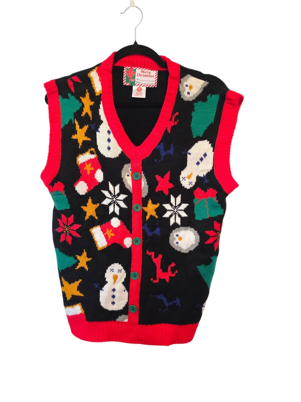 Merry Christmas Black Holiday Christmas Sweater Vest Size Small